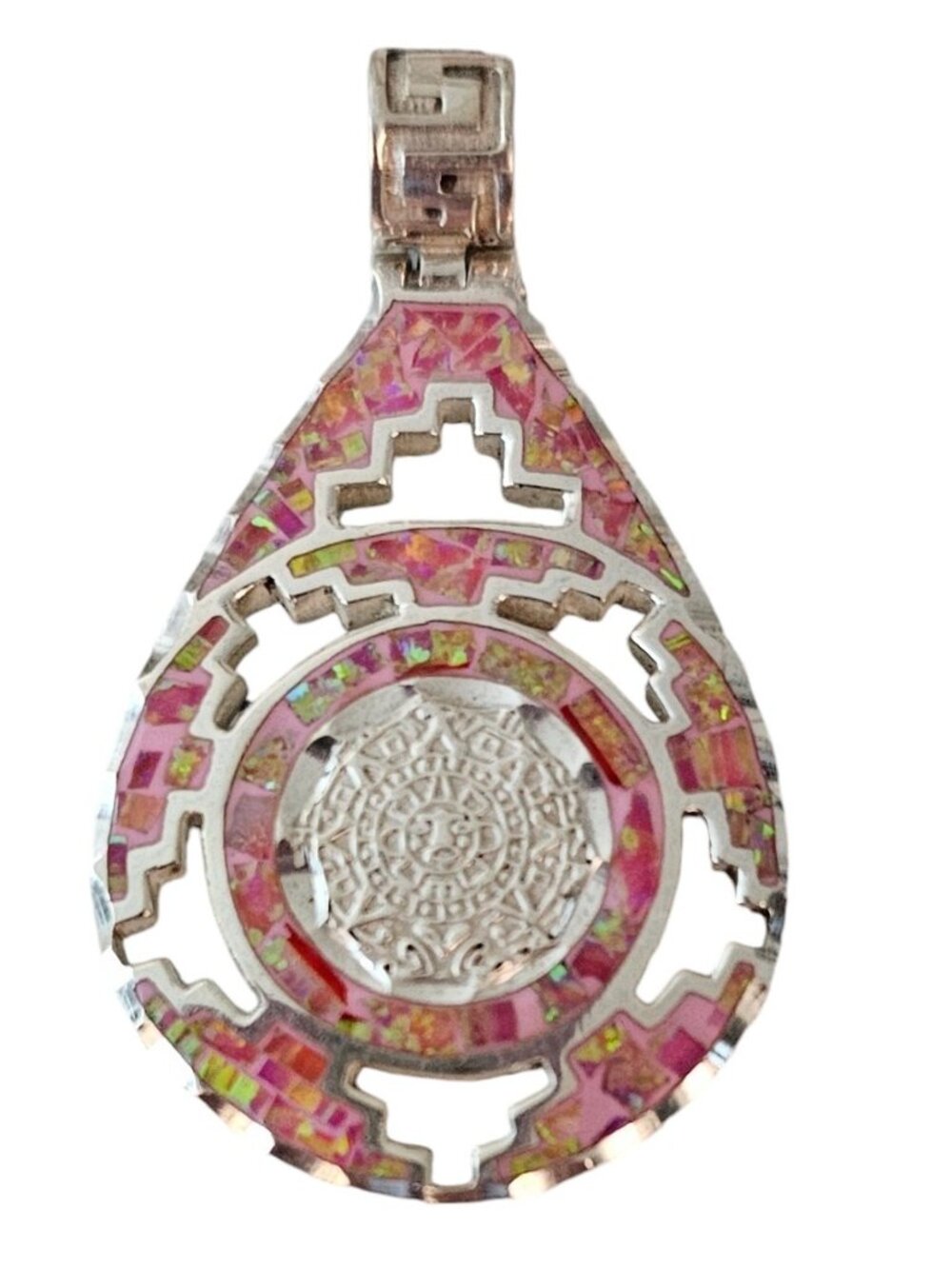 Taxco Cardenas Hinged Pink Enamel Pendant, 950 Silver, Aztec Calendar Style L479